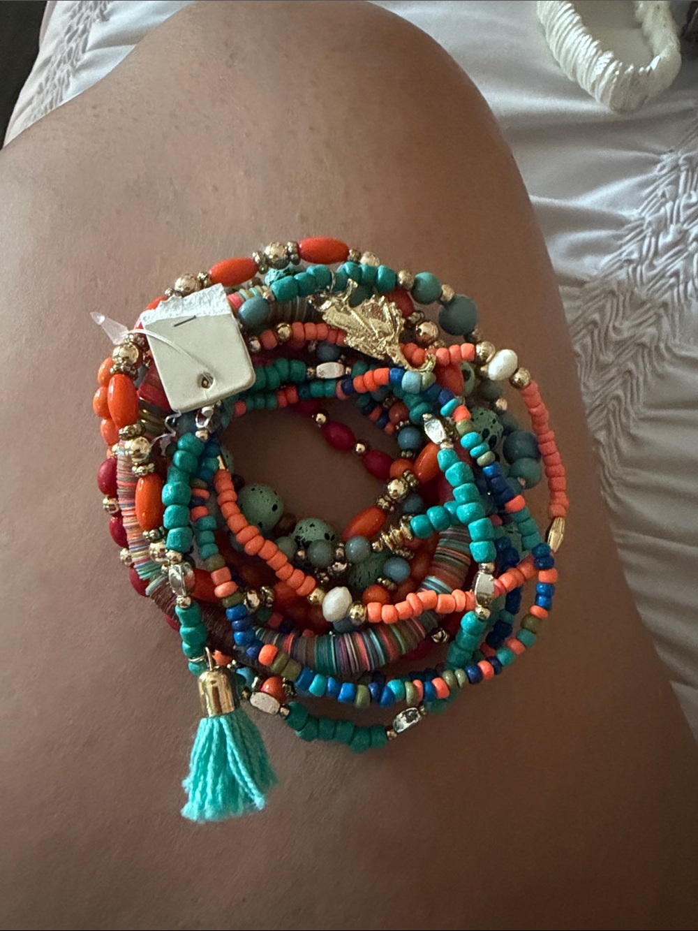POL Turquoise, Coral & Gold Multi-Strand Beaded Bracelet with Tassel